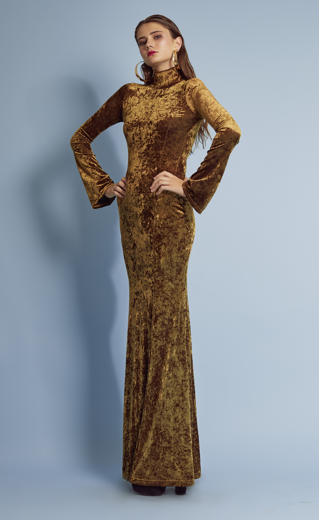 long gold velvet dress